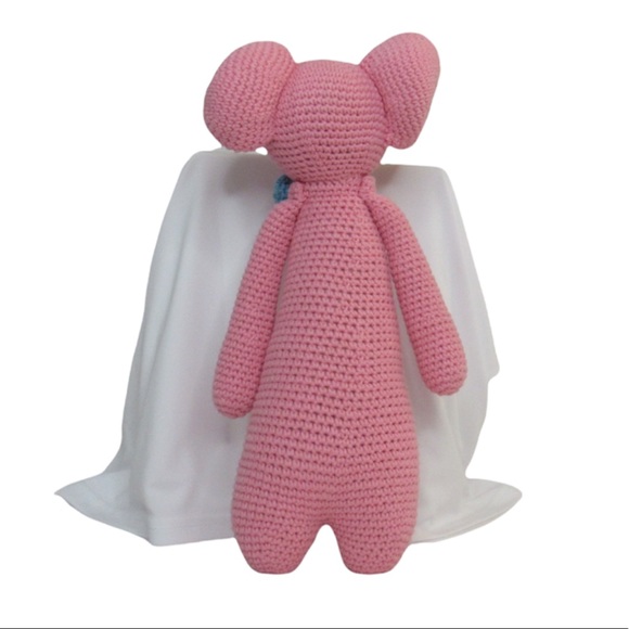 Oybon Crochet Handmade Pink Elephant With A Blue Tie Bow - Picture 2 of 6